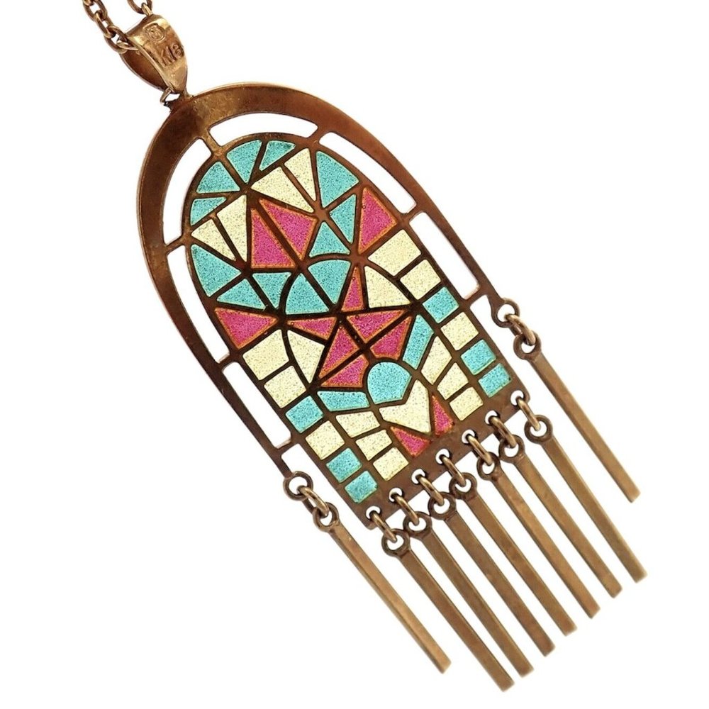 Authentic! Mikimoto 18k Yellow Gold Stained Glass Window Pendant Necklace